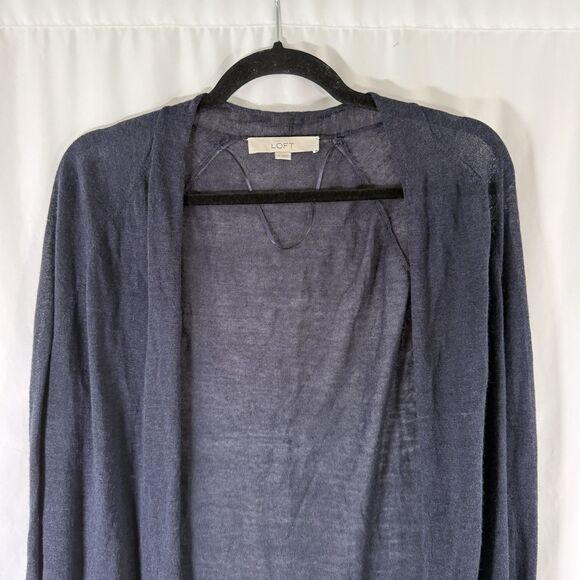 LOFT Cardigan Women's Medium Solid Blue Lightweight Ramie Blend Open Front - Picture 2 of 9